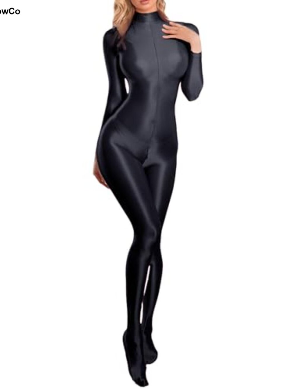 Women's Shiny Glossy Full Bodysuit Jumpsuit Long Sleeve Satin Zipper Crotch One
